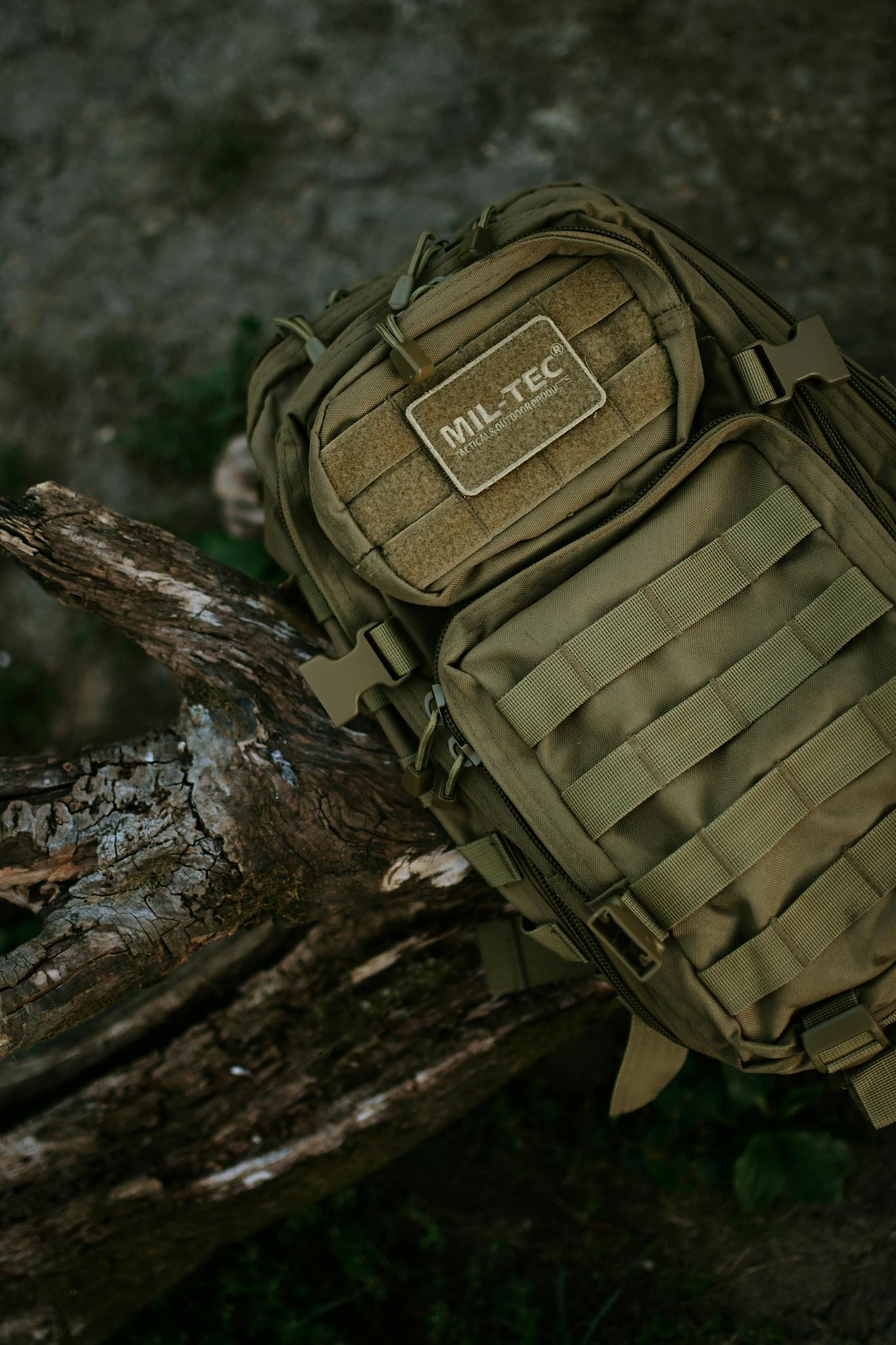 Olive green MIL-TEC backpack resting on a tree branch in a rural outdoor setting, emphasizing travel and adventure.